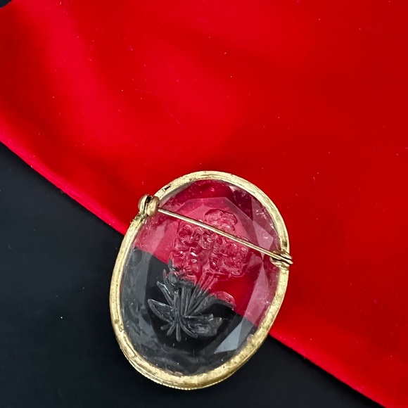 Vintage Glass Intaglio Circle Brooch Floral Pin Flower Brooch Jewelry - Picture 8 of 8